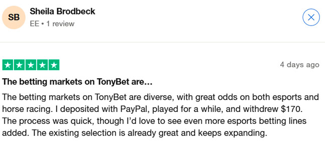 Sheila Brodbeck gave TonyBet a 5-star review on Trustpilot